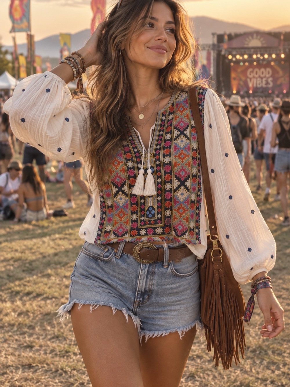 Free People Cream Peasant Blouse with Colorful Embroidered Front